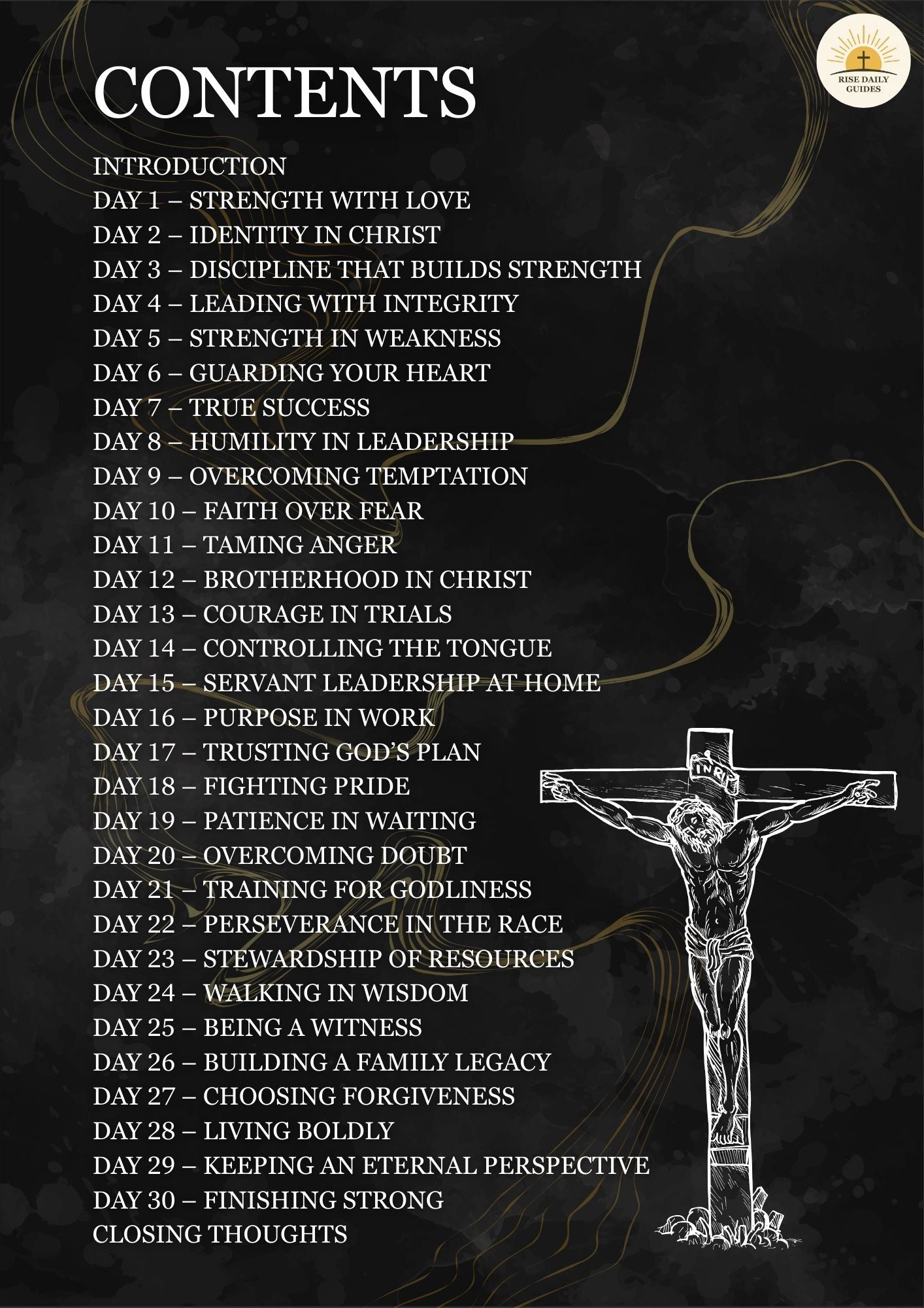 Contents list with a crucifixion illustration on a dark background
