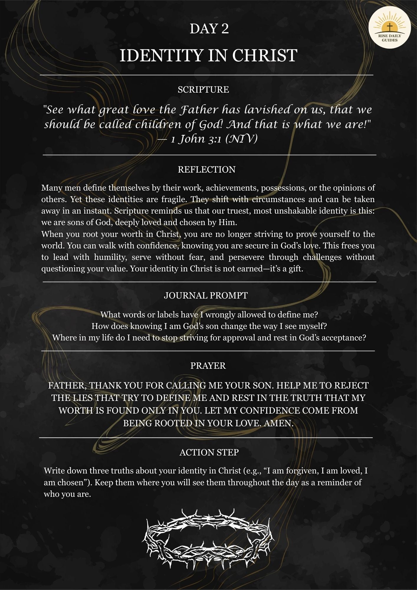 Day 2 of a spiritual reflection guide on identity in Christ with text and a crown of thorns symbol.