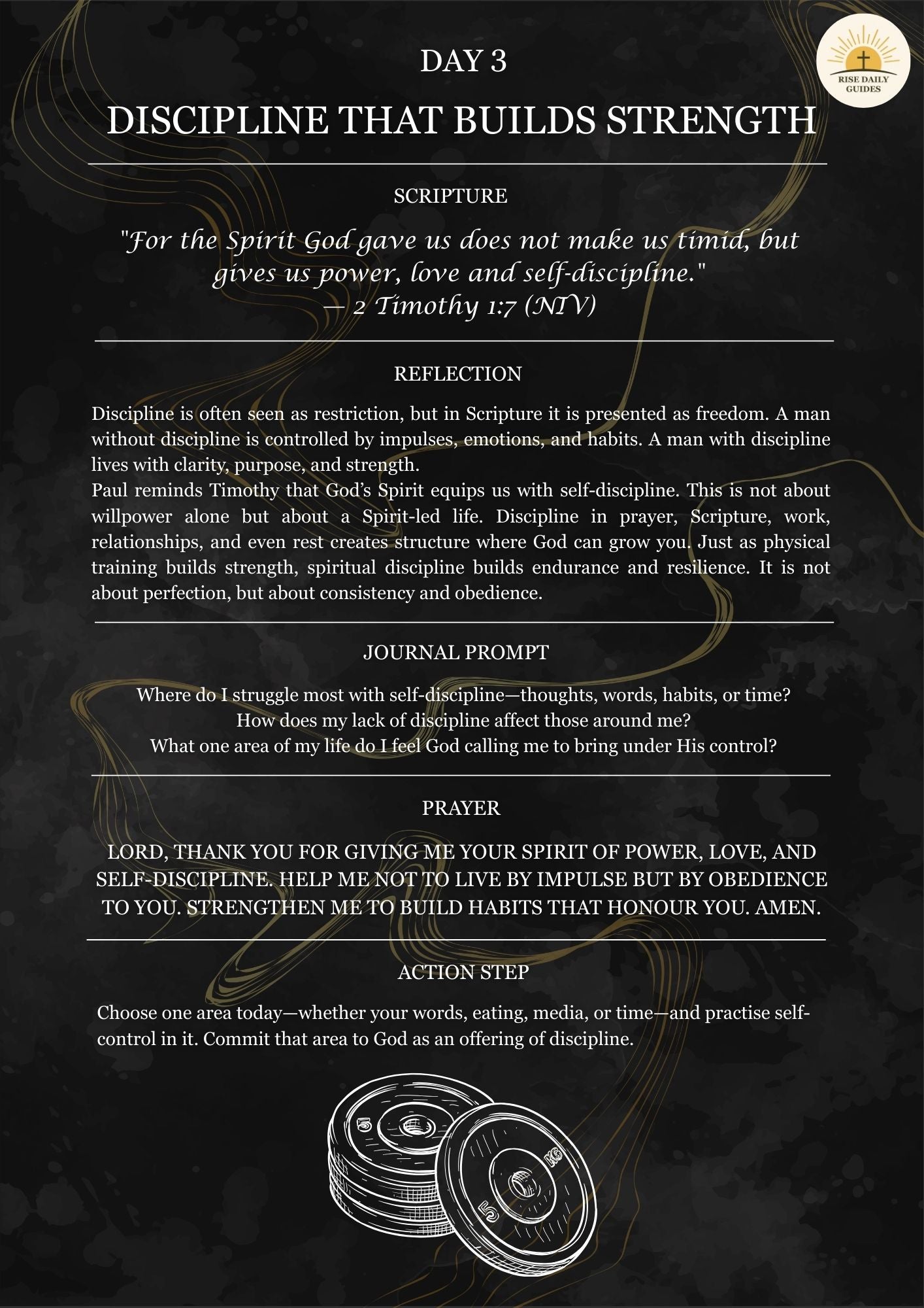 Sheet of paper with text on discipline and strength, featuring a barbell illustration.