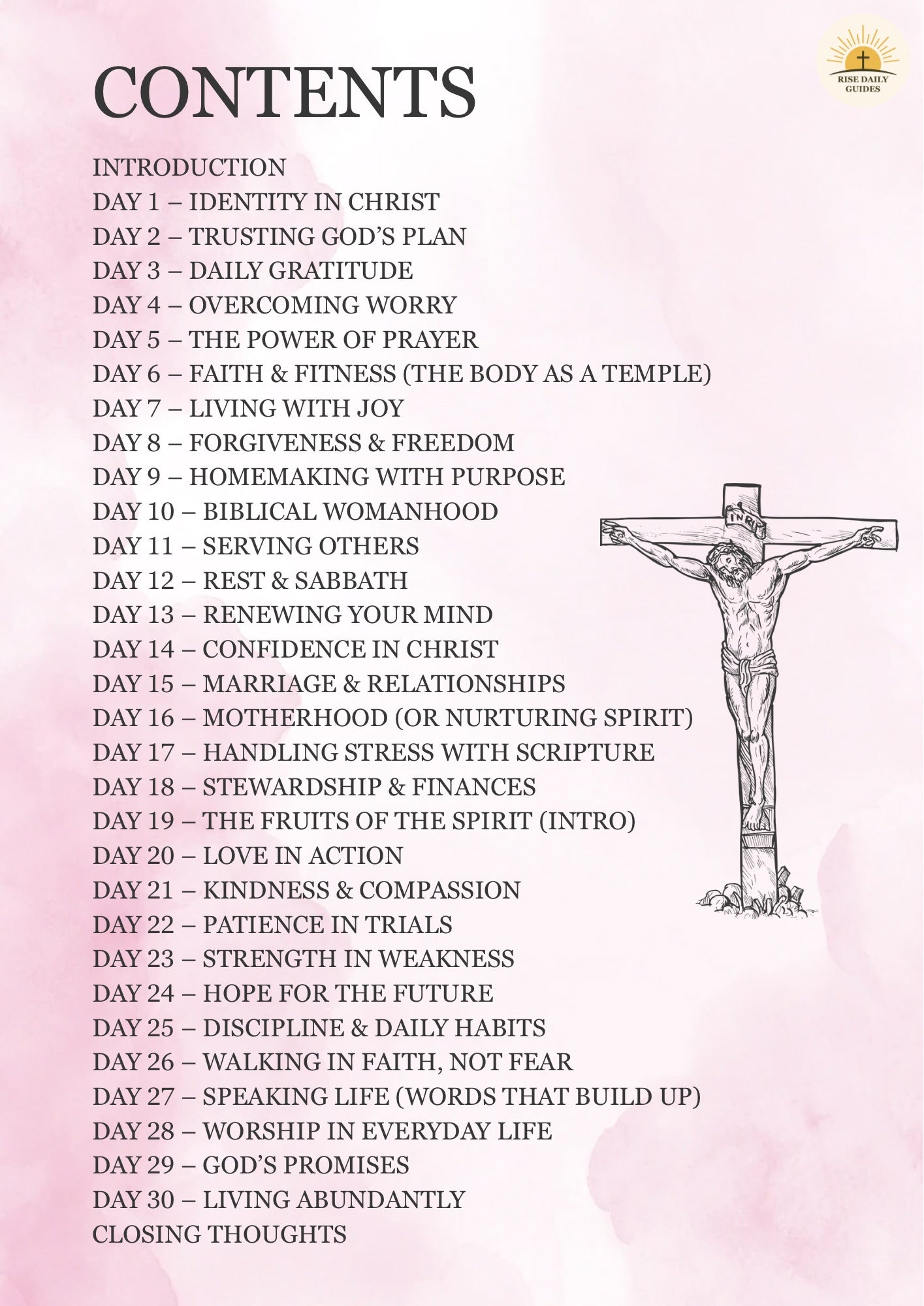List of daily topics with a crucifixion illustration on a pink background