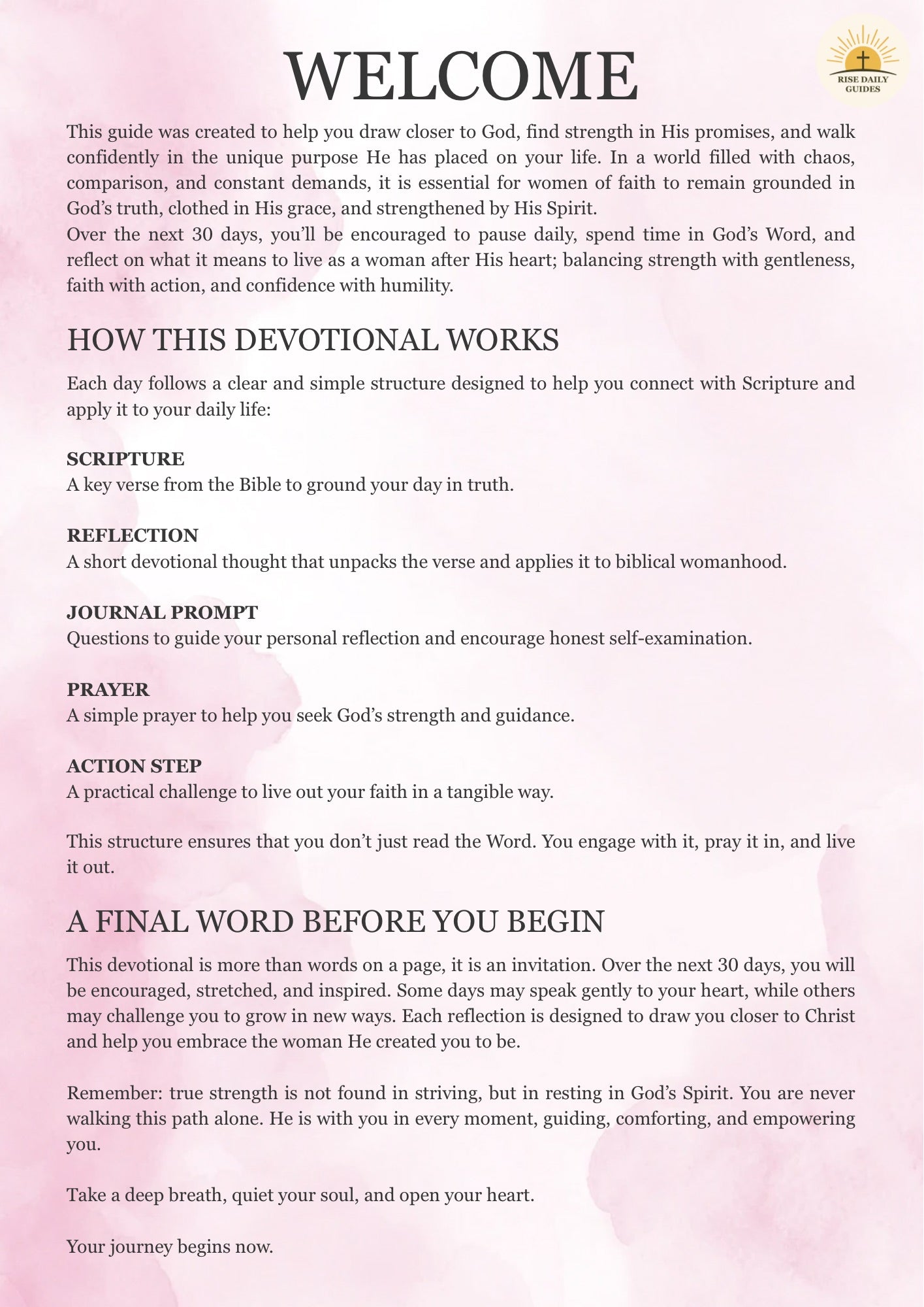 Welcome page of a devotional guide with text on a pink background