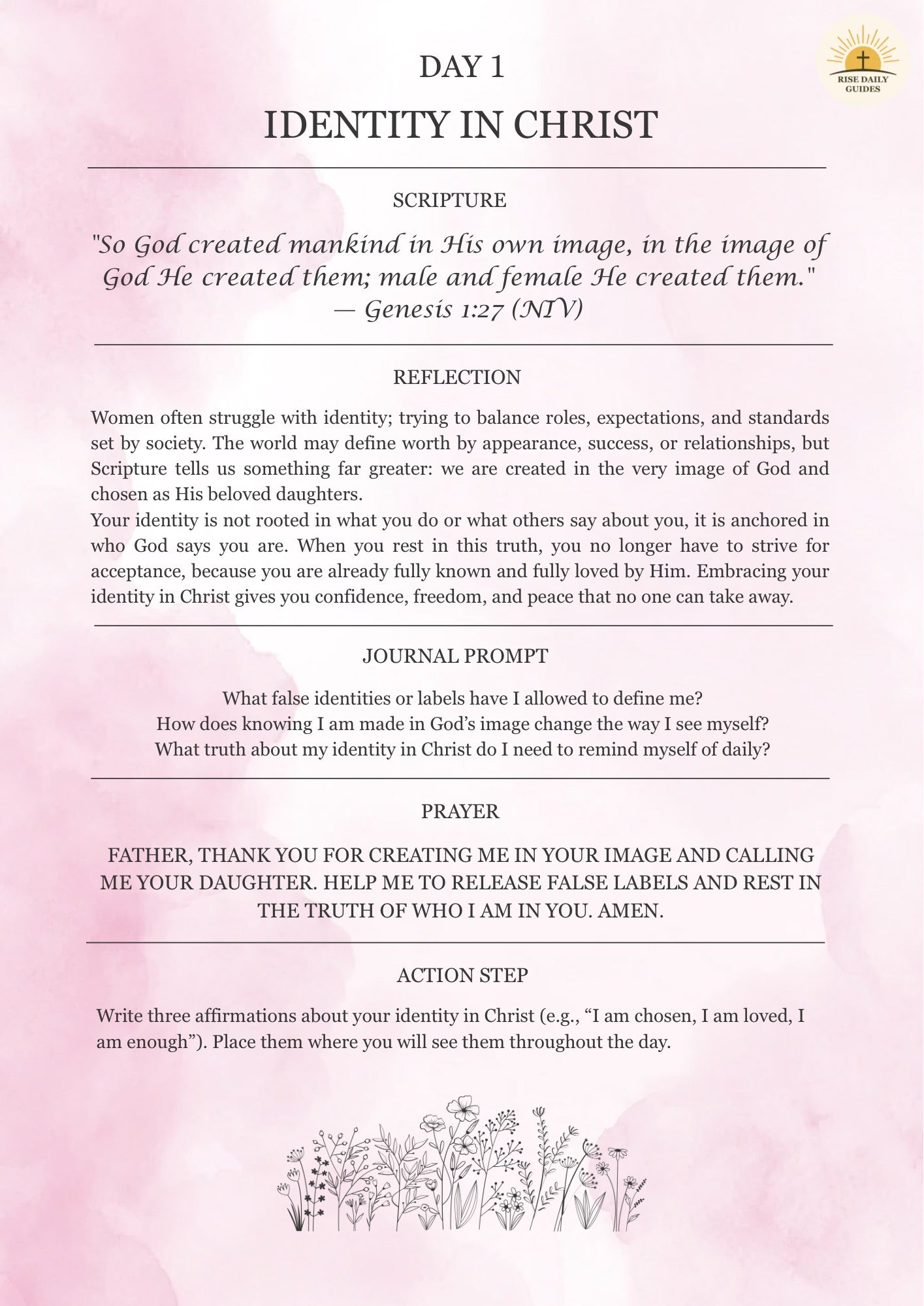 Day 1 of a spiritual reflection guide on identity in Christ with text and minimal design elements.