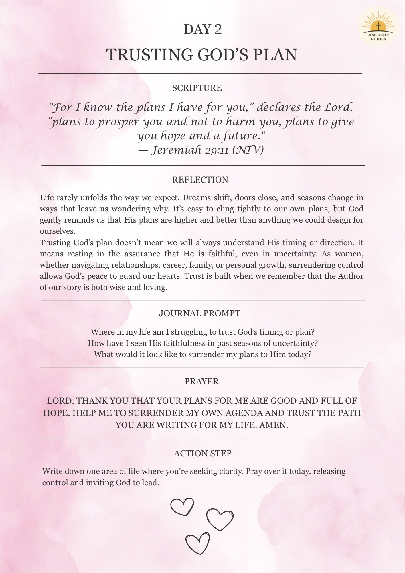 Day 2 of a spiritual reflection guide with text on trusting God's plan, scripture引用, and journaling prompts.