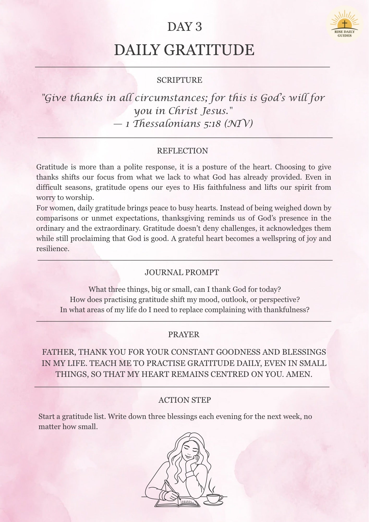 Daily Gratitude worksheet with scripture, reflection, journal prompt, prayer, and action step on a pink background.