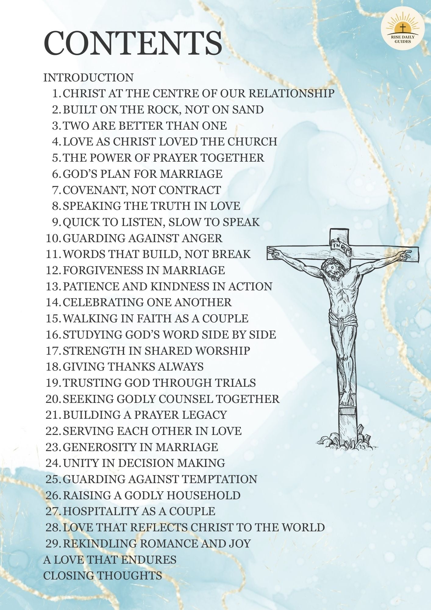 Book or document cover with a crucifixion illustration and a list of topics on a blue and white background.