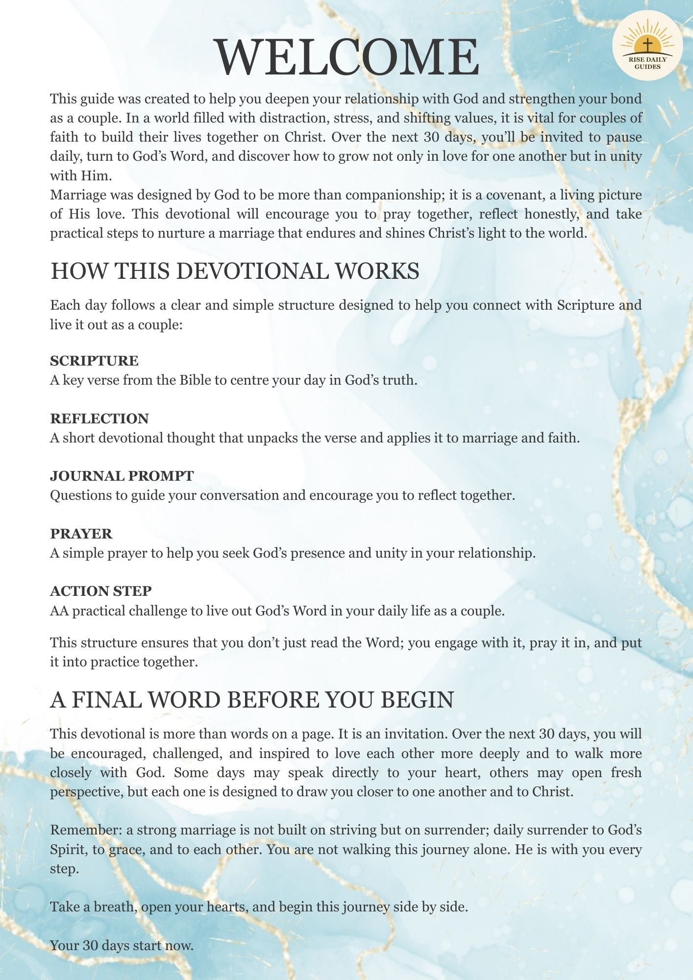 Welcome page of a devotional guide for couples on a map background