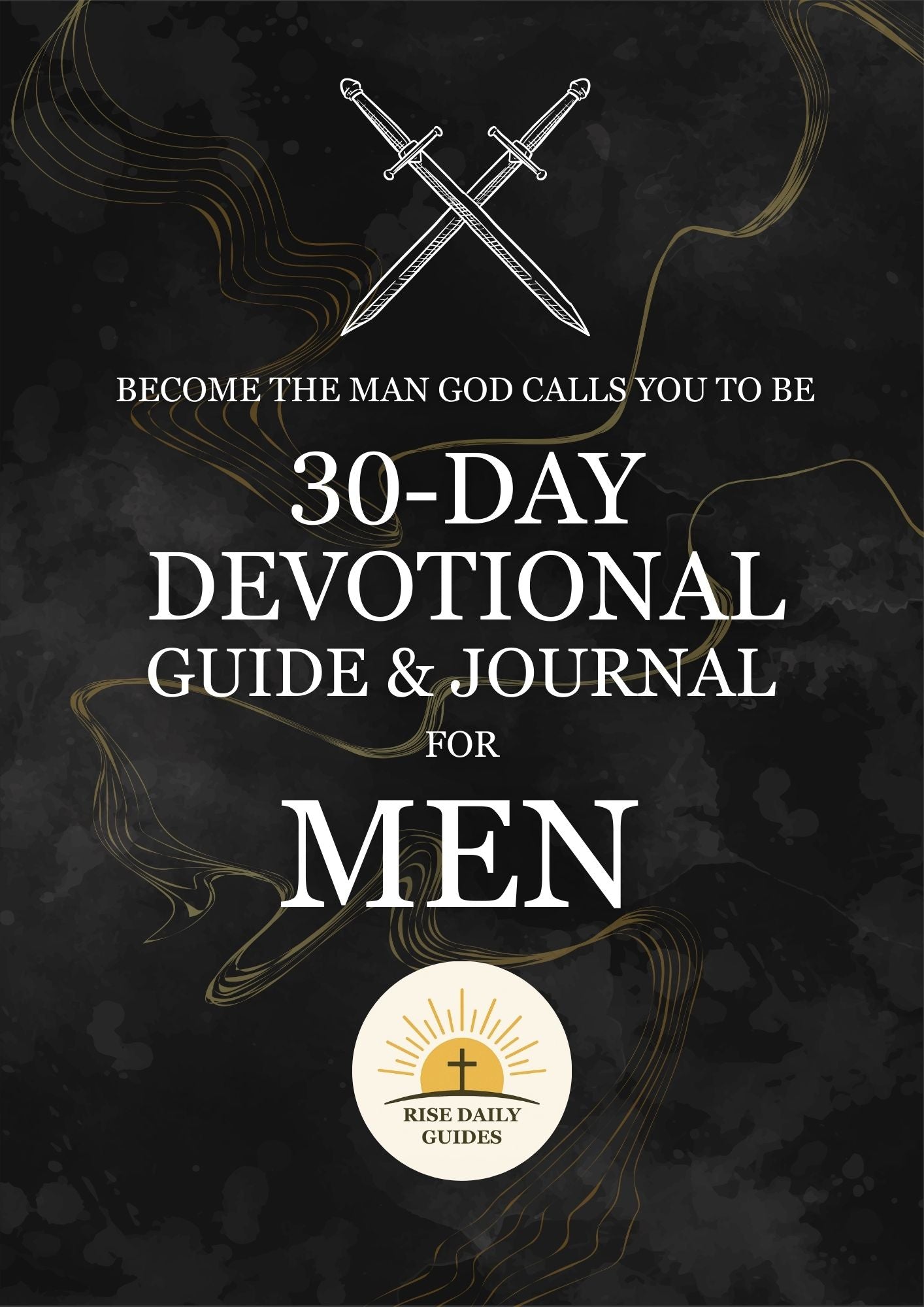 30-Day Devotional Guide & Journal for Men on a dark background with text and logo.