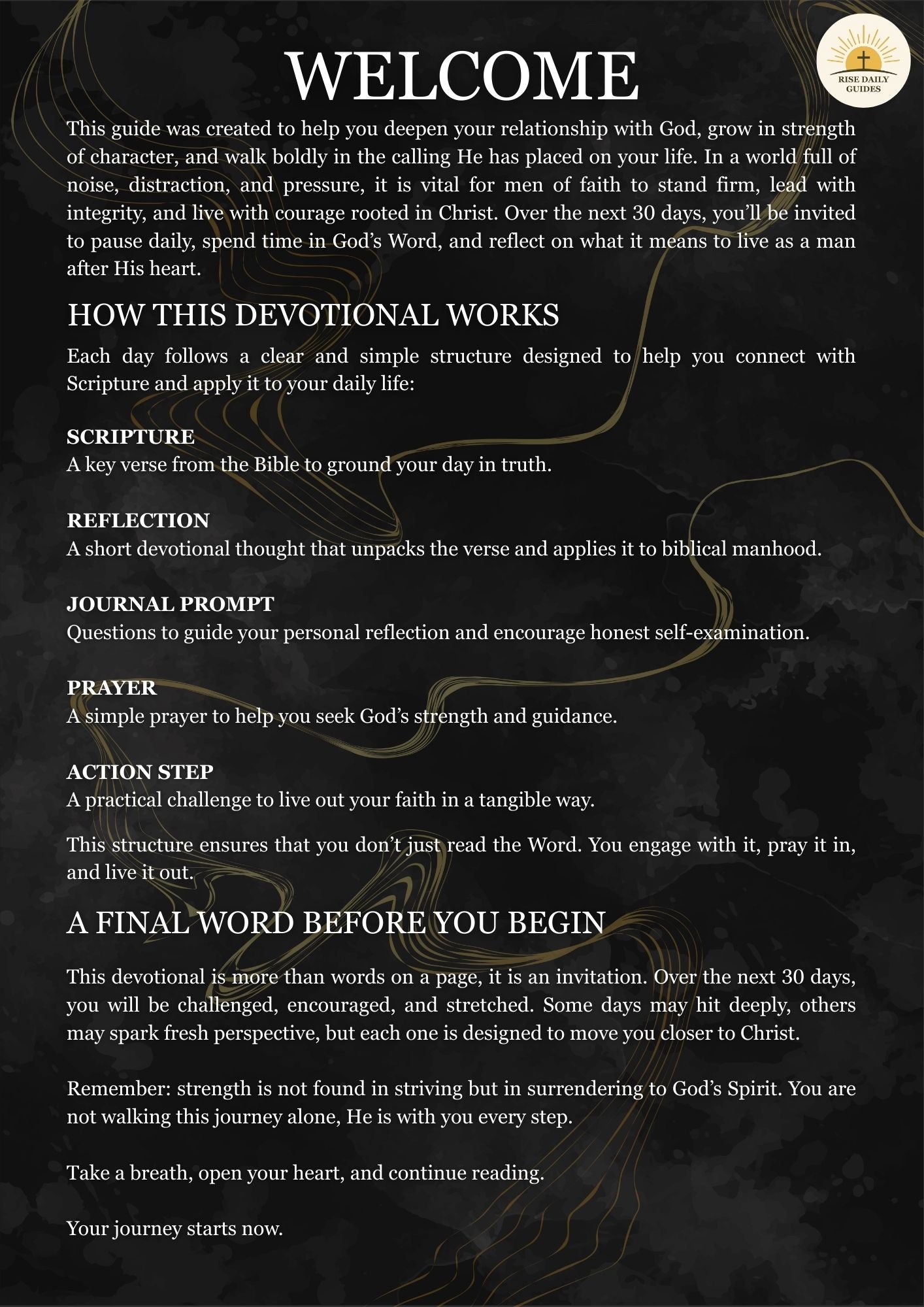 Devotional guide introduction with text on a dark background