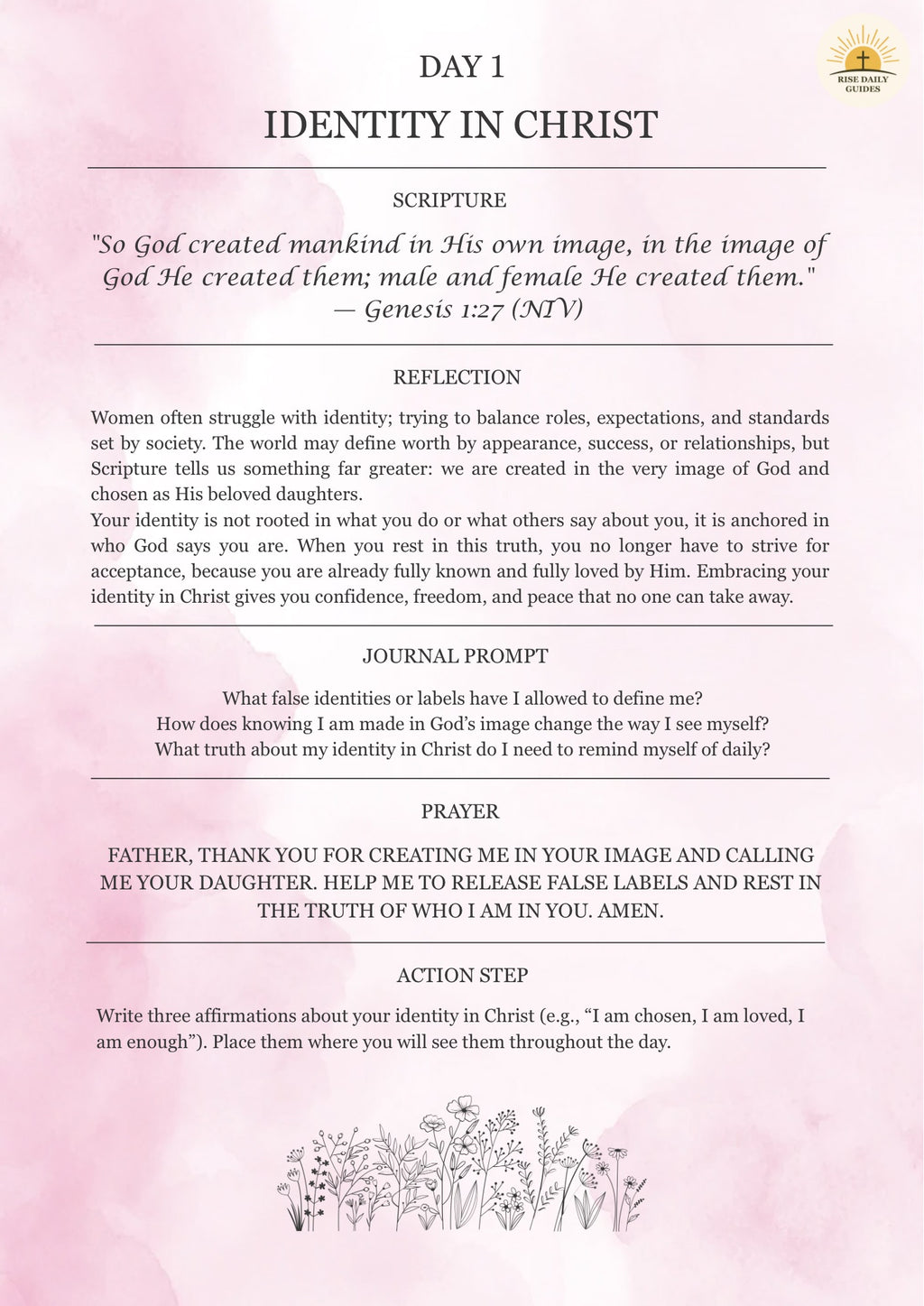 Day 1 of a spiritual reflection guide on identity in Christ with text and minimal design elements.