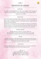 Day 1 of a spiritual reflection guide on identity in Christ with text and minimal design elements.