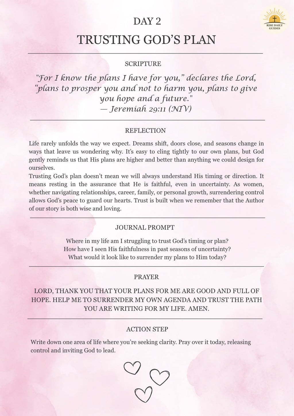 Day 2 of a spiritual reflection guide with text on trusting God's plan, scripture引用, and journaling prompts.