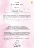 Daily Gratitude worksheet with scripture, reflection, journal prompt, prayer, and action step on a pink background.