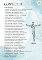 Book or document cover with a crucifixion illustration and a list of topics on a blue and white background.